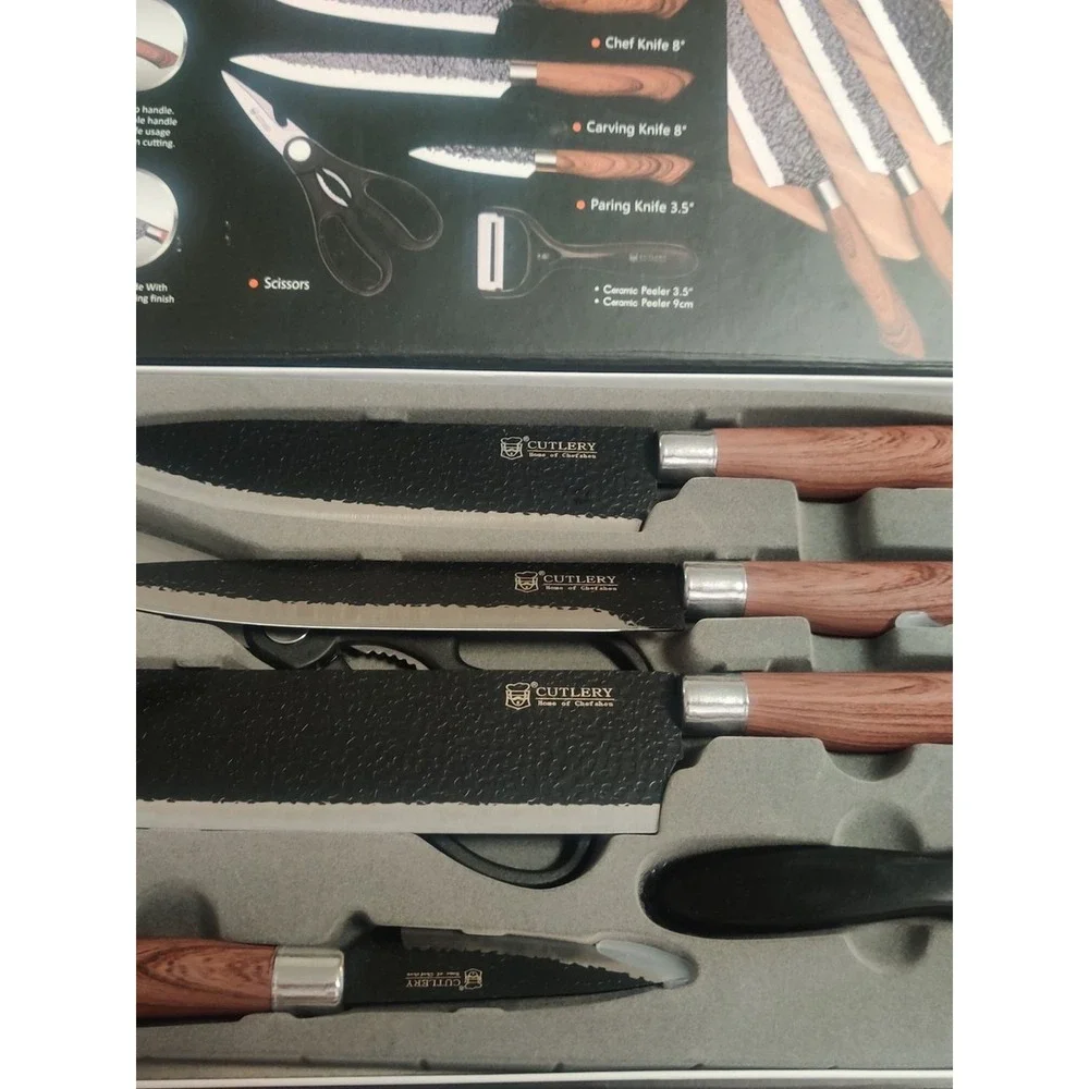 Textured Blade 5-Piece Knife Set with Wood-Effect Handles - Black & Brown
